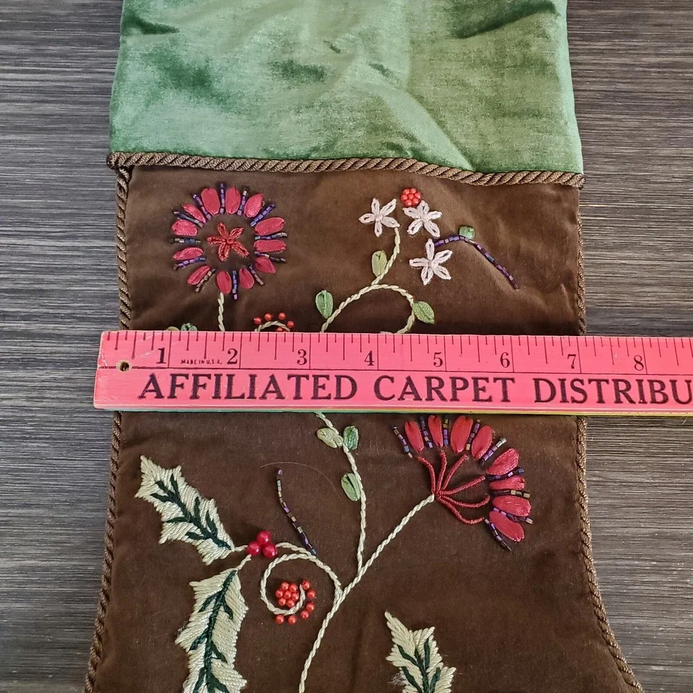 Prima Creations Beaded Floral Christmas Stocking Brown Green Velvet 17‎ Inch